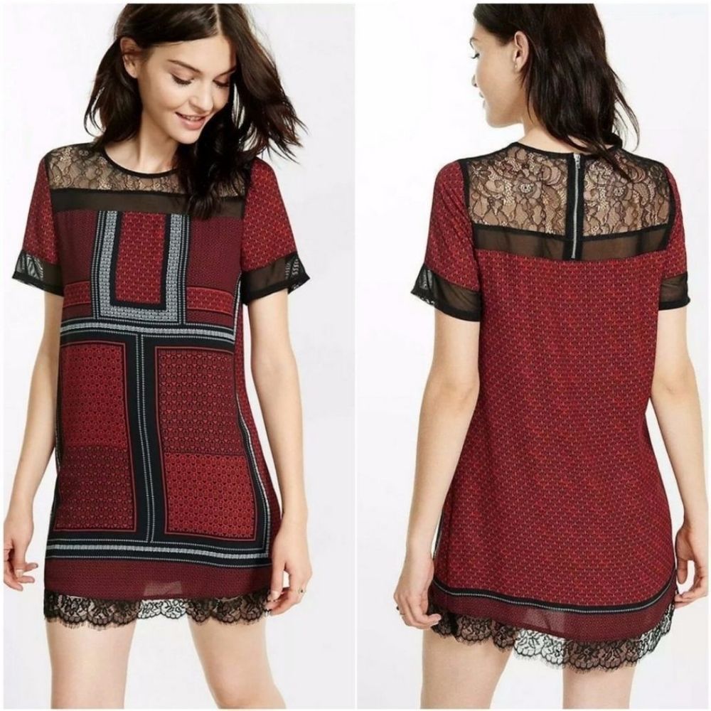 NWT EXPRESS Novelty Print Lace Yoke Short Sleeve Shift Dress Red/Black